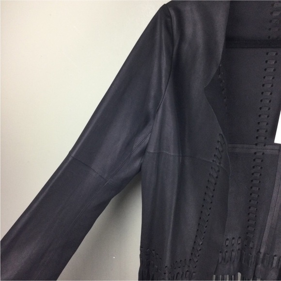 NWT Elizabeth & James Garvin Leather Fringe Woven Open Front Black Jacket Medium - Picture 7 of 12